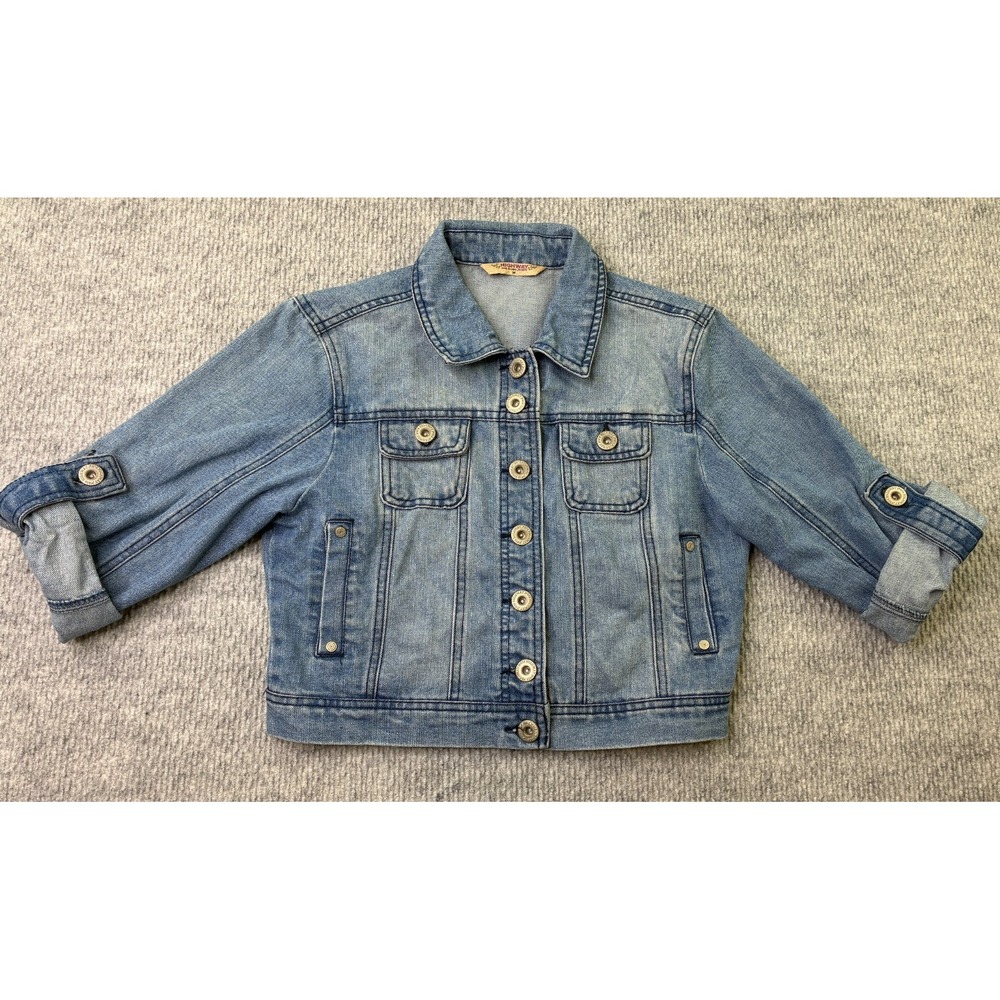 Highway Jeans Womens M Light Wash Cropped Denim Jacket Roll Tab Sleeve Trucker